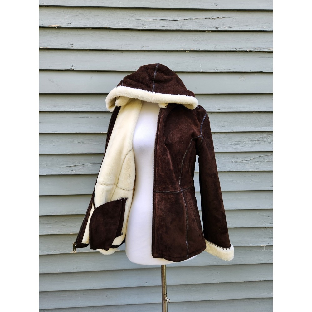 Vintage Y2K Fabio Hooded Suede Jacket Dark Brown Faux Fur Lined Whipstitch Sm